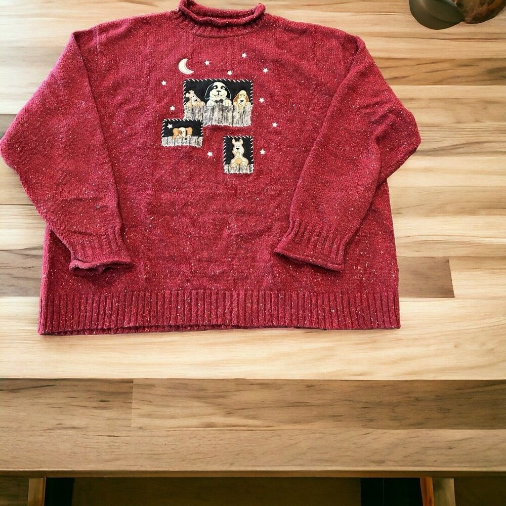 Big Dogs Sweater Pullover Unisex Dog Print Burgundy Turtleneck Size Lg Vintage
